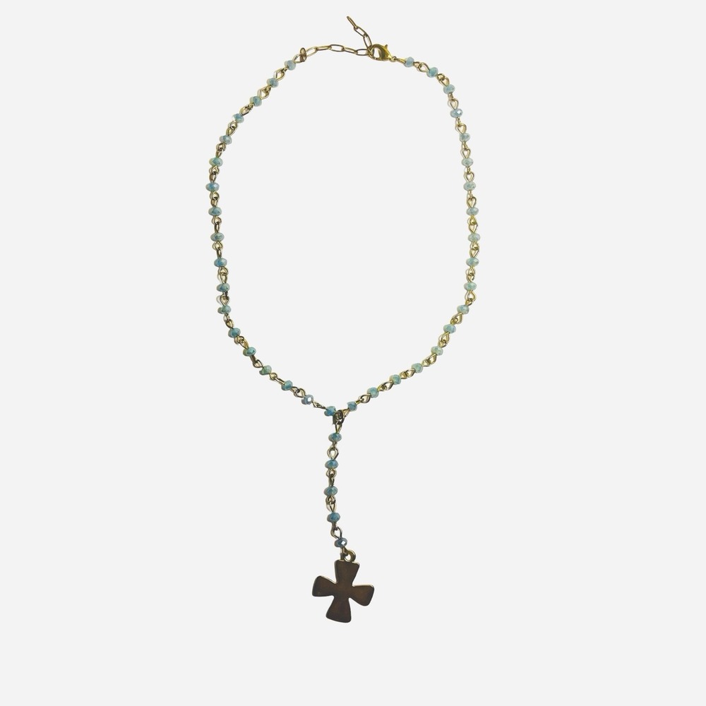 Blue 17in Crystal Bead Rosary Necklace Antique Gold Tone Y Drop Choker